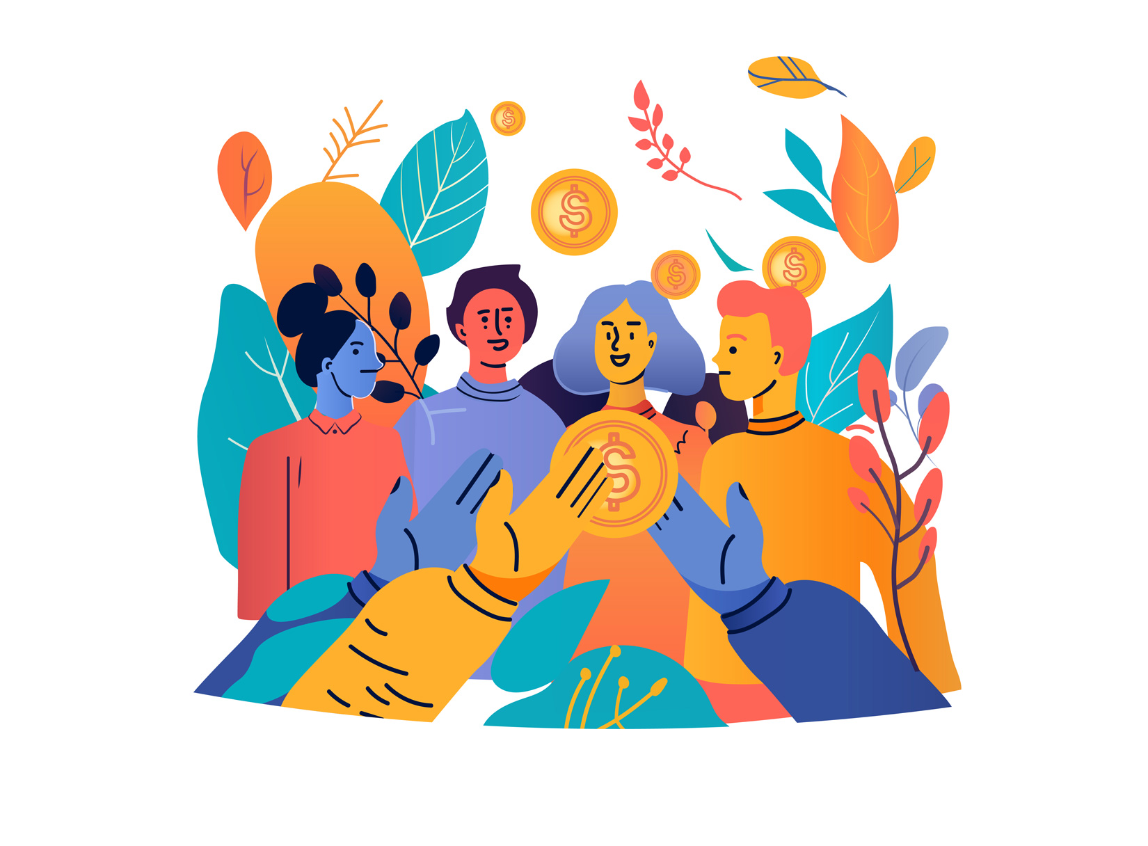 Illustration of group of people with nature elements and coins